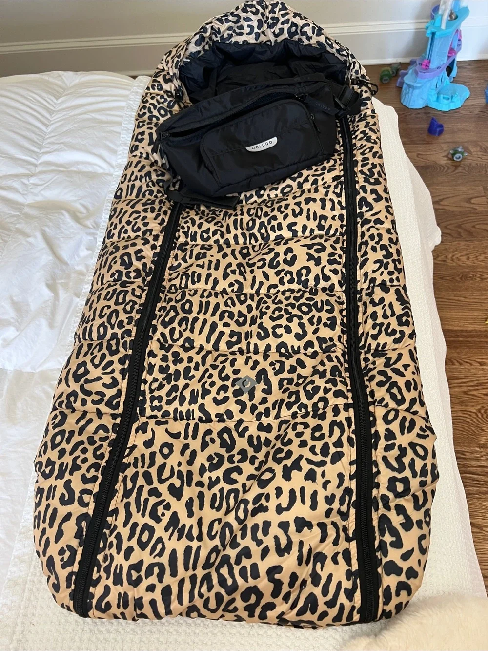 Kids Leopard Print Cocoon Bag for stroller with Black Pouch - Tan/Black